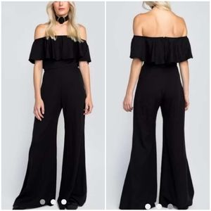 WILDFOX Harlow Ruffle Off Shoulder Jumpsuit Black
